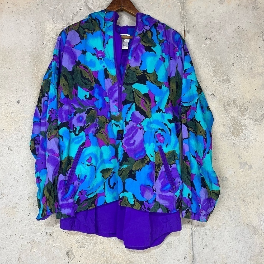 Vintage IN Sport purple blue abstract watercolor florals hooded windbreaker